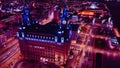 Aerial night view of an illuminated urban cityscape with historic architecture in Liverpool, UK Royalty Free Stock Photo