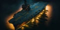 Aerial night view of military aircraft carrier