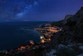 Aerial night view of Omis and Adriatic sea, Croatia Royalty Free Stock Photo