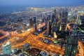 Aerial night view of skyscrapers of Dubai World Trade center Royalty Free Stock Photo