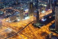 Aerial night view of skyscrapers of Dubai World Trade center Royalty Free Stock Photo