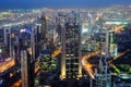 Aerial night view of skyscrapers of Dubai World Trade center Royalty Free Stock Photo