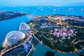 Aerial night view of The Supertree Grove at Gardens near Marina Bay. Royalty Free Stock Photo