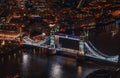 Aerial night view of Tower Bridge over river Thames in London Royalty Free Stock Photo