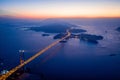 Aerial night view of Tsing Ma Bridge, famous landmark, Hong Kong Royalty Free Stock Photo