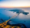 Aerial night view of Tsing Ma Bridge, famous landmark, Hong Kong Royalty Free Stock Photo