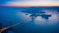 Aerial night view of Tsing Ma Bridge, famous landmark, Hong Kong Royalty Free Stock Photo