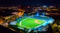 Aerial Nighttime Baseball Stadium and Cityscape