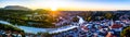 Aerial of old bavarian town Bad Toelz in Bavaria. ISar River is running through the CIty. Alps Mountains in the back