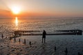 Aerial from an old ship wreck in the Wadden Sea in the Netherlands at sunset Royalty Free Stock Photo