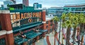 Aerial Oracle Park Home of the San Francisco Giants sign and entrance with palm trees