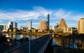 Aerial Over Austin Texas Modern Buildings reflecting Orange Glow off Skyline