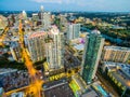 Aerial Over Austin Texas Night Cityscape Skyline with motion lights and Frost Bank tower lit up at night Royalty Free Stock Photo