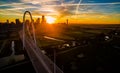 Aerial Over Bridges Solar Flare Sunrise Dallas Texas Dramatic Sunrise Margaret Hunt Hill Bridge and Reunion Tower