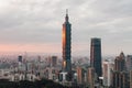 Aerial over Downtown Taipei with Taipei 101 Skyscraper in the dusk from Xiangshan Elephant Mountain in the evening