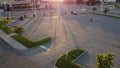 Aerial over an empty parking lot in Barrhaven, a suburb of Ottawa, Ontario, Canada at sunset