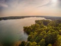 Aerial over lake hartwell south carolina and georgia line at sunset Royalty Free Stock Photo