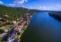 Aerial Over Mount Bonnell low angle near Colorful Mansions Royalty Free Stock Photo