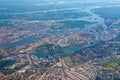 Aerial over Stockholm Sodermalm Old Town island and Djurgarden