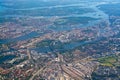 Aerial over Stockholm Sodermalm Old Town island and Djurgarden