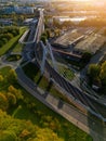 Aerial overhead drone photo of modern suspension bridge, buildings in Krakow, Poland Royalty Free Stock Photo