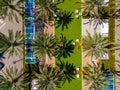 Aerial overhead drone photo of a relaxation patio with palms and furniture