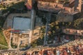 Aerial overhead drone shot of basketball field near Turo de la Rovira in Barcelona morning