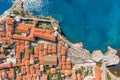 Aerial overhead drone shot of Bokar fort in Dubrovnik old town city wall in Croatia summer Royalty Free Stock Photo
