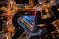 Aerial overhead drone shot of Maison de la mecaniique in the evening in Courbevoie, Paris, France