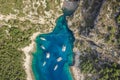 Aerial overhead drone shot of Stiniva covert cove beach in Adriatic sea on Vis Island in Croatia in summer Royalty Free Stock Photo