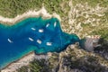 Aerial overhead drone shot of Stiniva covert cove beach in Adriatic sea on Vis Island in Croatia in summer Royalty Free Stock Photo