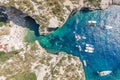 Aerial overhead drone shot of yachts at Stiniva cove Adriatic sea on Vis Island in Croatia summer Royalty Free Stock Photo