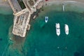 Aerial overhead drone view of yachts near Gusarica beach in Komiza on Vis Island in Coratia before sunrise