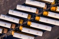 Aerial overhead photo of a parking lot full with school busses Royalty Free Stock Photo