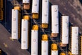 Aerial overhead photo of a parking lot full with school busses Royalty Free Stock Photo