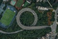 Aerial overhead shot of particular double circle 720 degree flyover in bushes residential buildings in Chongqing, China Royalty Free Stock Photo