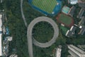Aerial overhead shot of particular double circle 720 degree flyover in residential buildings in Chongqing, China