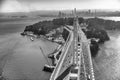 Aerial overhead view of San Francisco Bay Bridge from helicopter Royalty Free Stock Photo