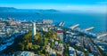 Aerial overlooking Coit Tower with view of San Francisco Bay and Alcatraz Island