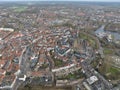 Aerial overview of the city of Zutphen, along the river Ijssel in Gelderland, The Netherlands. Birds eye aerial drone Royalty Free Stock Photo