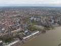 Aerial overview of the city of Zutphen, along the river Ijssel in Gelderland, The Netherlands. Birds eye aerial drone Royalty Free Stock Photo