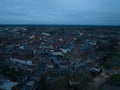 Aerial overview at dusk of the city of Zutphen, along the river Ijssel in Gelderland, The Netherlands. Birds eye aerial Royalty Free Stock Photo