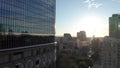 Aerial pan between downtown Los Angeles LA street, California Plasa, Financial District