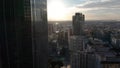 Aerial pan between downtown Los Angeles LA street, California Plasa, Financial District