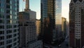 Aerial pan between downtown Los Angeles LA street, California Plasa, Financial District