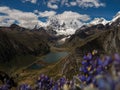 Aerial panorama of andes mountain Jirishanca Camp Jahuacocha lake Cordillera Huayhuash Circuit Ancash Peru South America