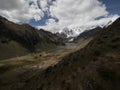 Aerial panorama of andes mountain Jirishanca Camp Jahuacocha lake Cordillera Huayhuash Circuit Ancash Peru South America