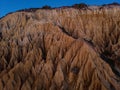 Aerial panorama of Arriba Fossil da Praia da Gale Fontainhas hoodoo fairy chimney earth pyramid rock formation Portugal