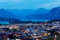 Aerial panorama of beautiful Lucerne City by lakeside with wooden Chapel bridge Kapellbrucke across Reuss River