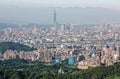 Aerial panorama of busy Taipei City with view of Taipei 101 Tower in downtown area, Keelung River and distant Mountains in morning Royalty Free Stock Photo